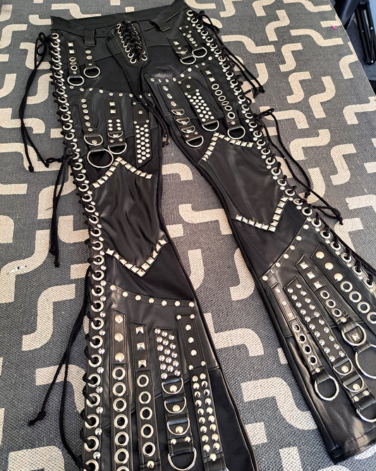 Mid Rise Wet Look Heavy Metal Buckle Strap Pants (Size L)