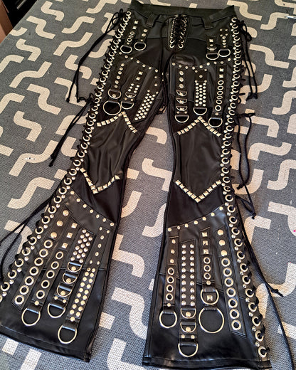 Mid Rise Wet Look Heavy Metal Buckle Strap Pants (Size L)