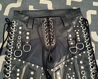 Mid Rise Wet Look Heavy Metal Buckle Strap Pants (Size L)