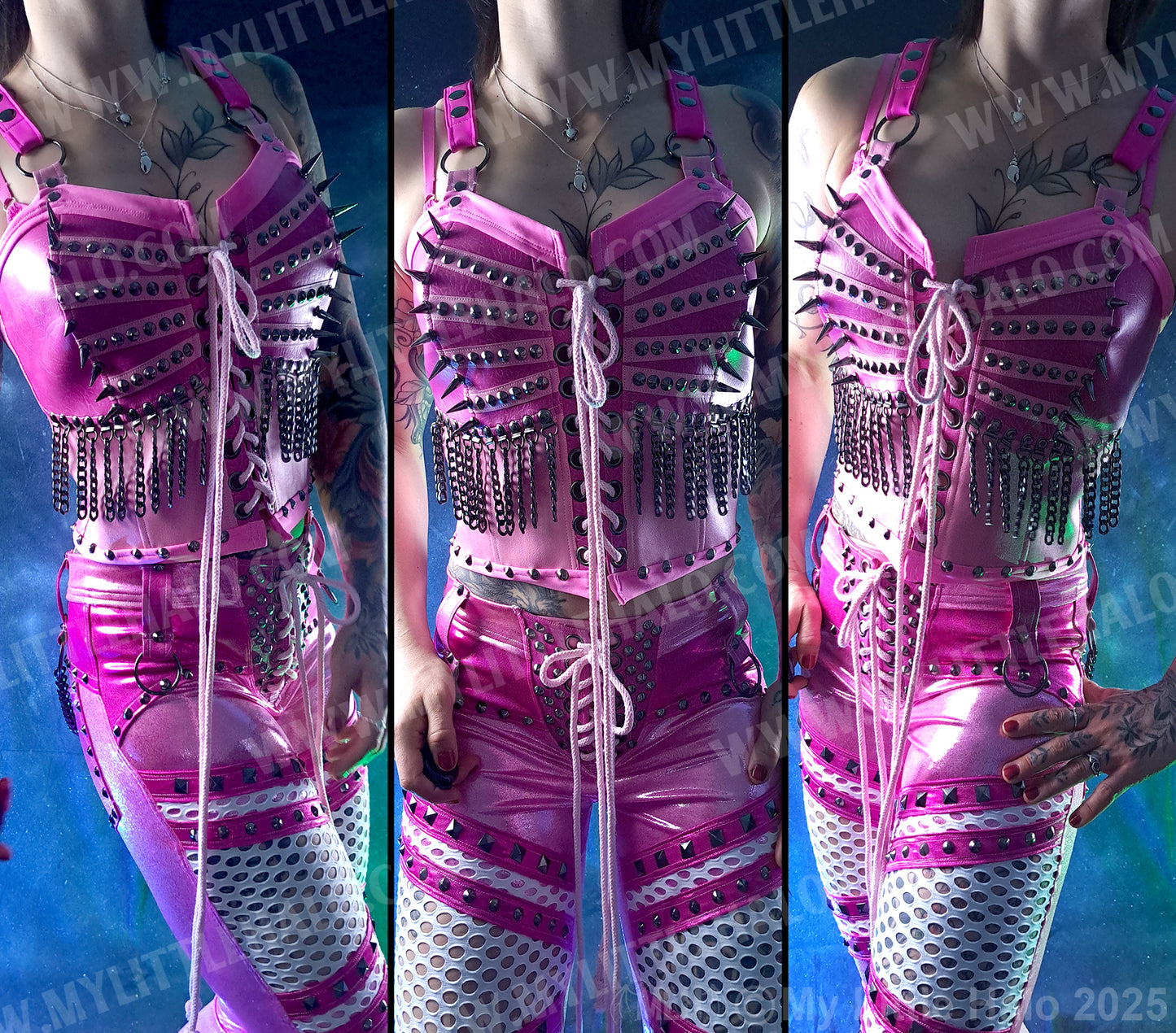 #3 Pink & Gunmetal Spiked Chain Fringe Bustier