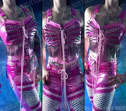 #3 Pink & Gunmetal Spiked Chain Fringe Bustier