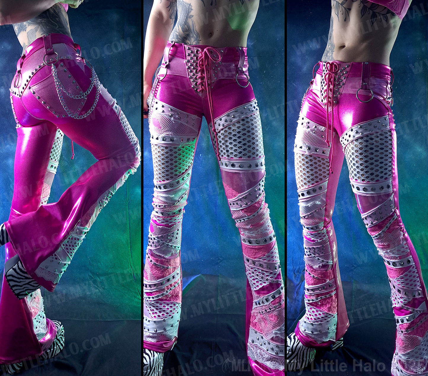 #16 Pink & Silver Fishnet Collaged Flare Pants