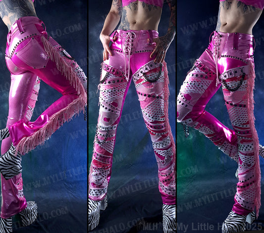 #5 Pink & Gunmetal Collaged & Fringed Straight Leg Pants