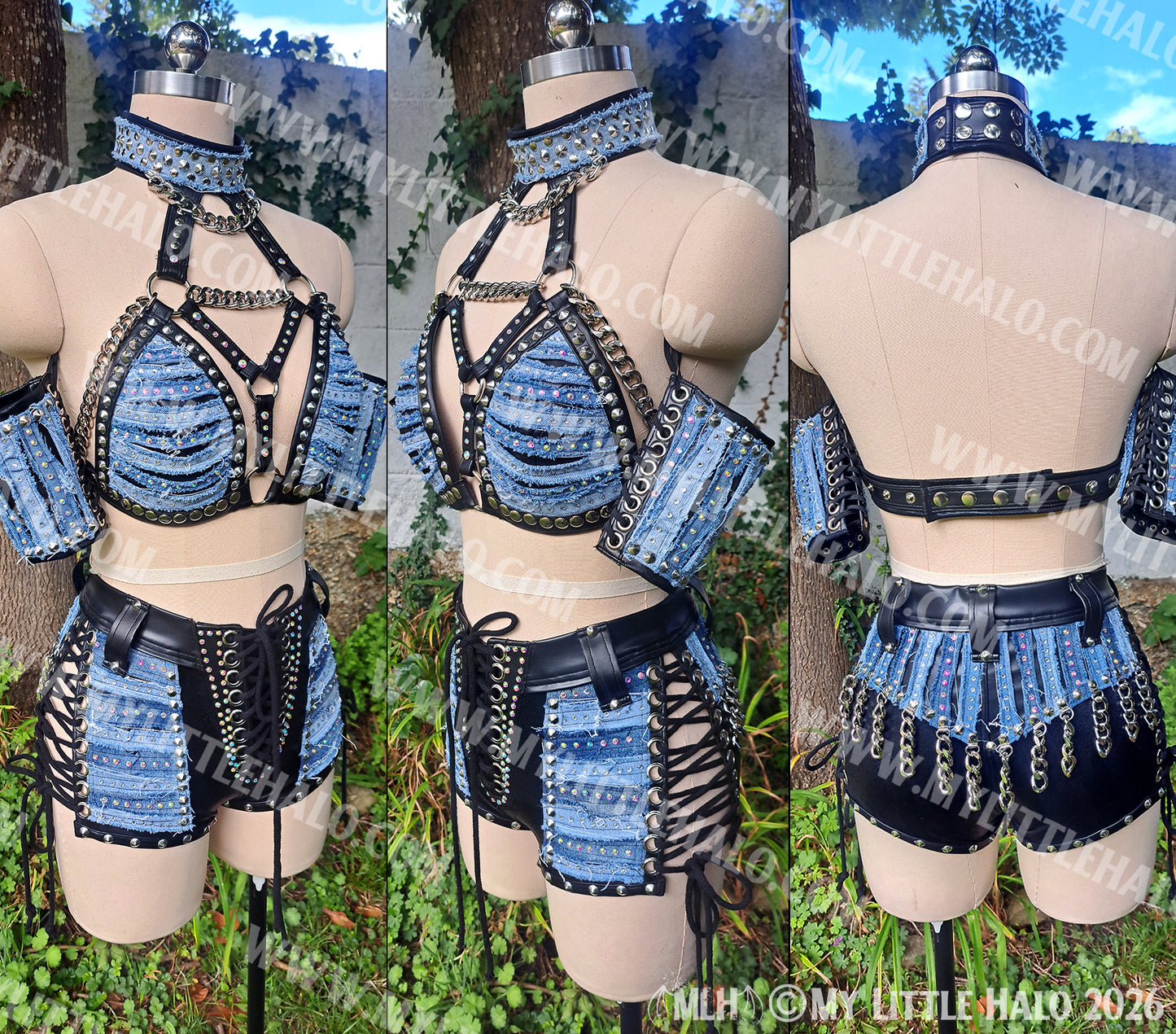 Distressed Denim & Leather Rhinestone Wrestling Set