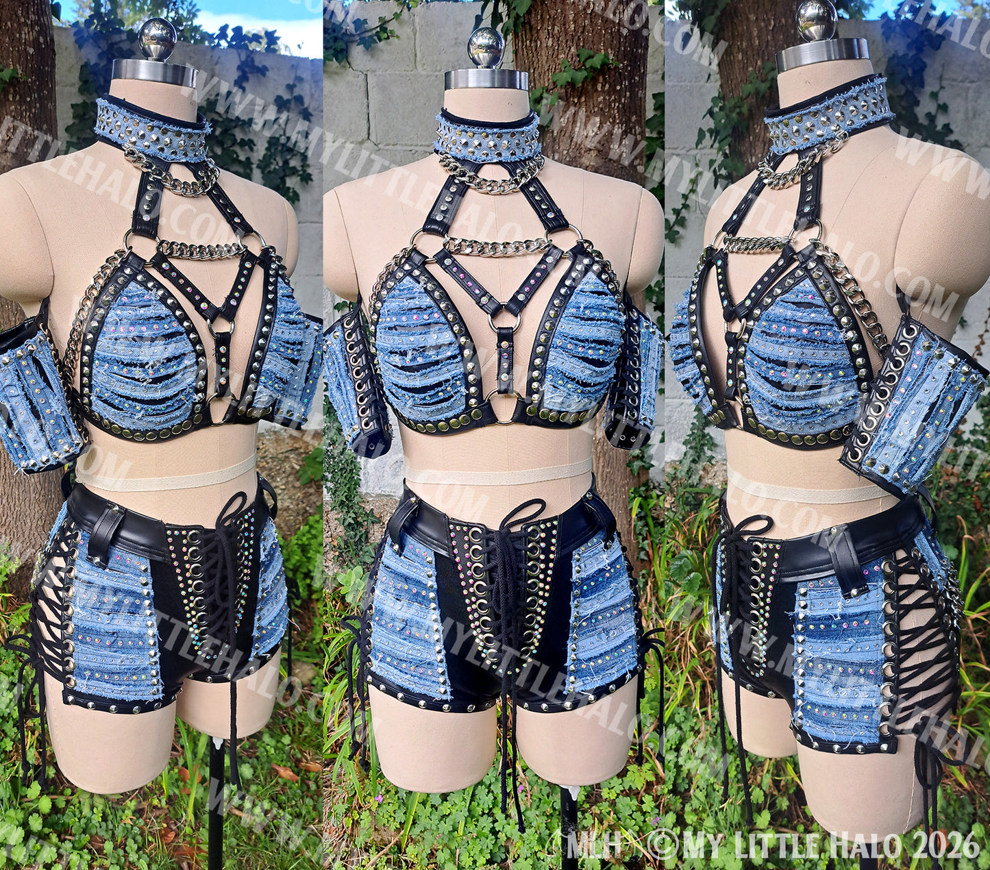 Distressed Denim & Leather Rhinestone Wrestling Set