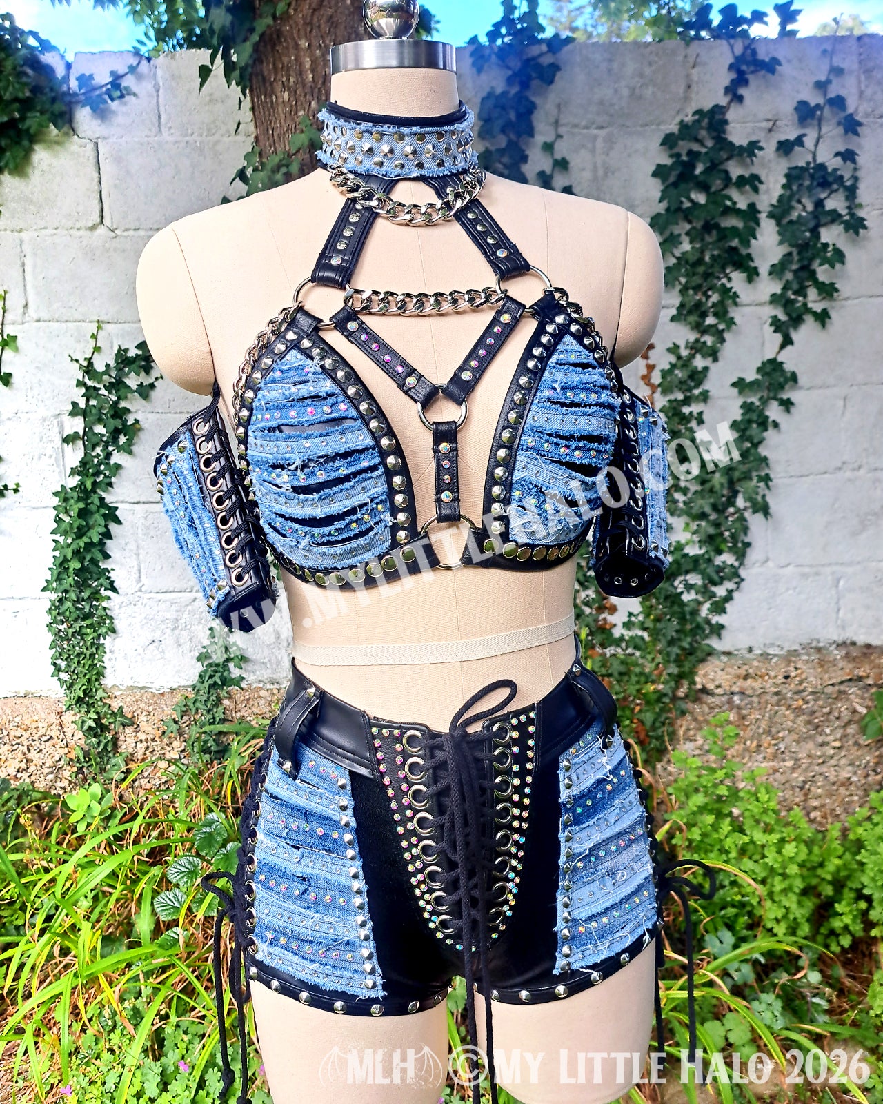 Distressed Denim & Leather Rhinestone Wrestling Set