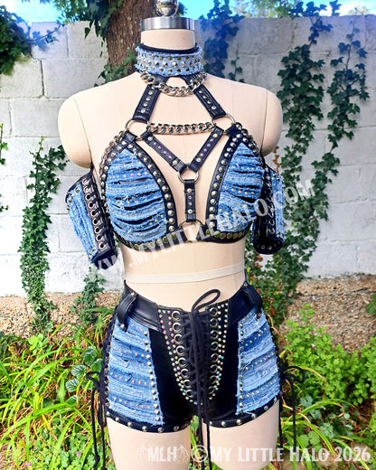 Distressed Denim & Leather Rhinestone Wrestling Set