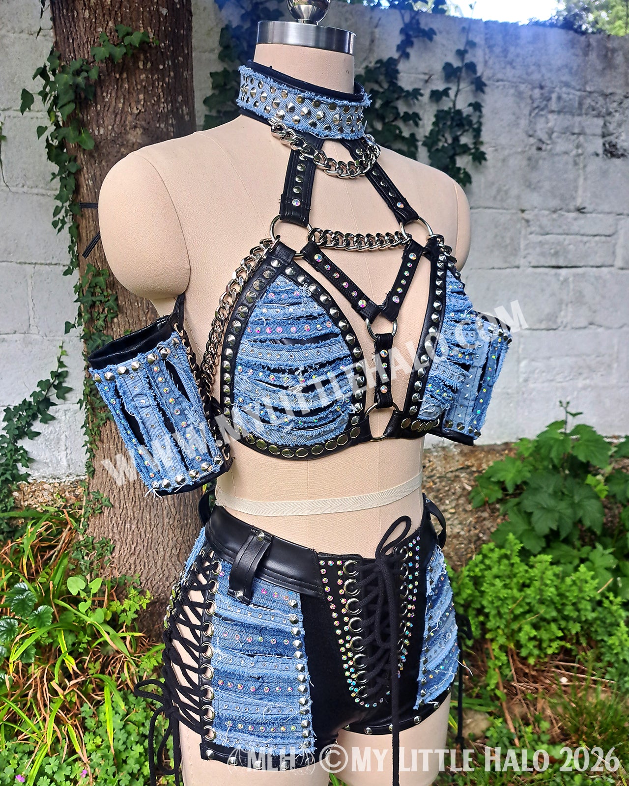 Distressed Denim & Leather Rhinestone Wrestling Set