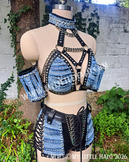 Distressed Denim & Leather Rhinestone Wrestling Set