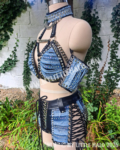Distressed Denim & Leather Rhinestone Wrestling Set