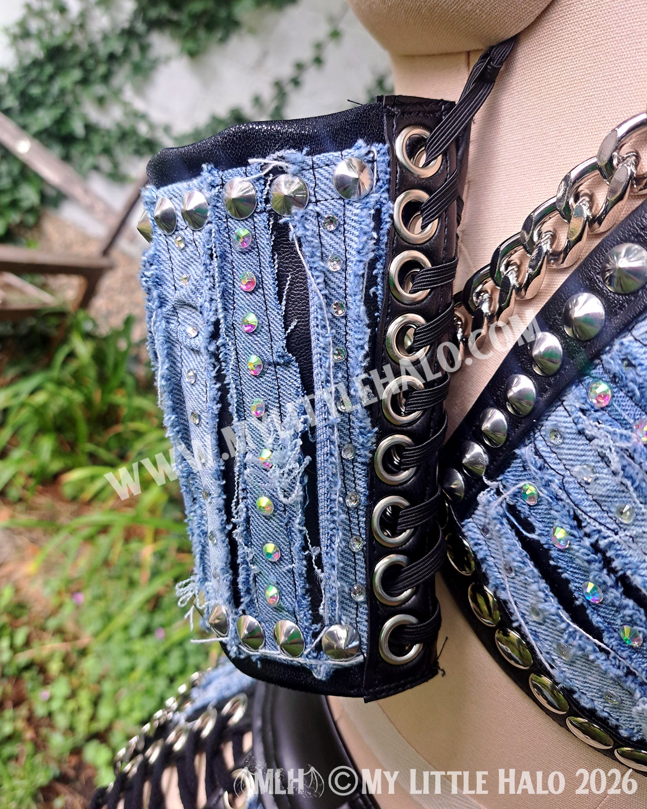 Distressed Denim & Leather Rhinestone Wrestling Set