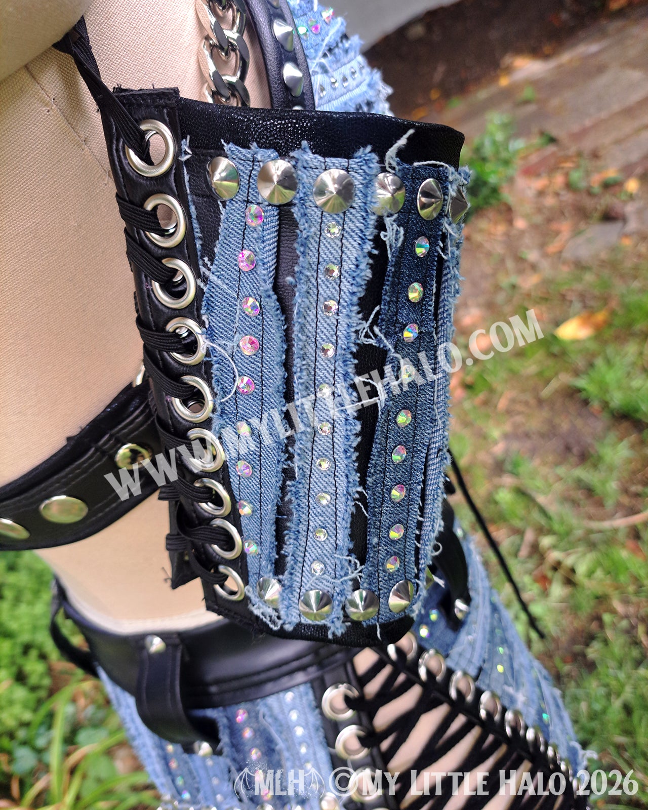 Distressed Denim & Leather Rhinestone Wrestling Set