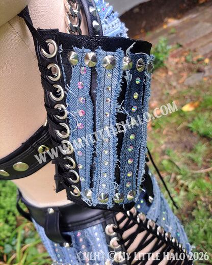 Distressed Denim & Leather Rhinestone Wrestling Set
