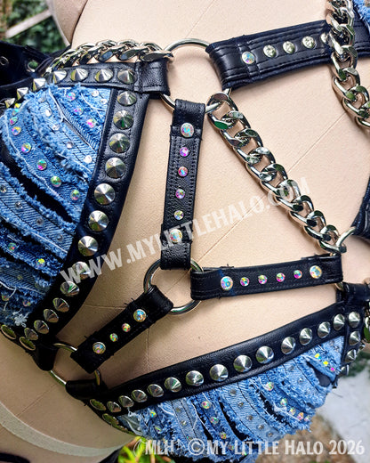 Distressed Denim & Leather Rhinestone Wrestling Set