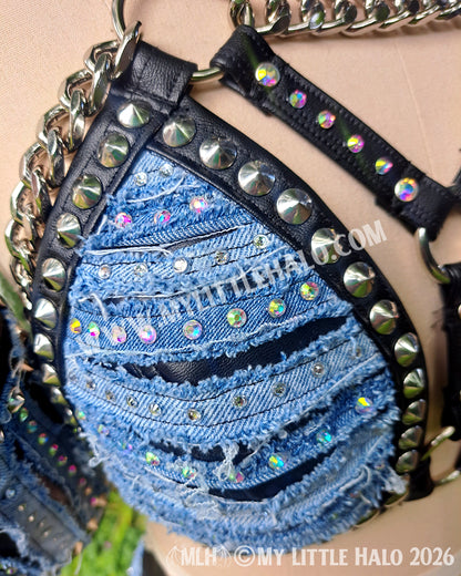Distressed Denim & Leather Rhinestone Wrestling Set