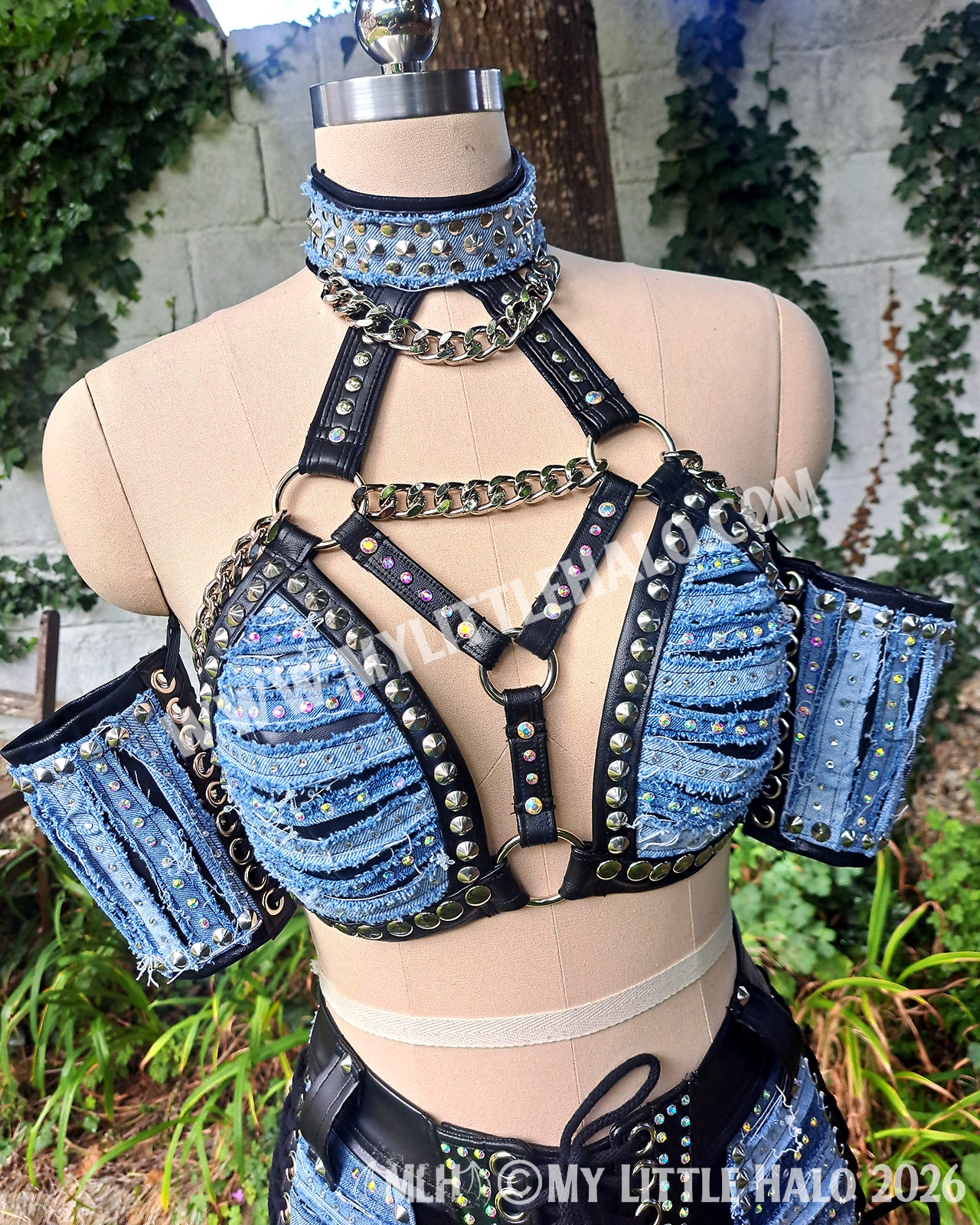 Distressed Denim & Leather Rhinestone Wrestling Set