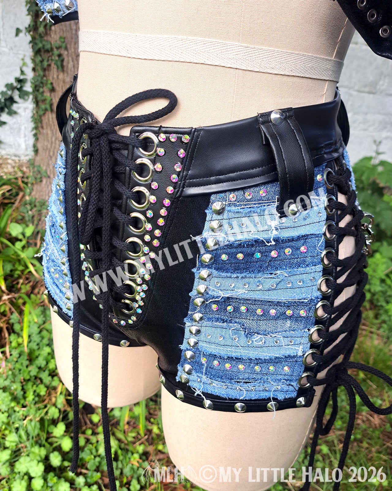 Distressed Denim & Leather Rhinestone Wrestling Set