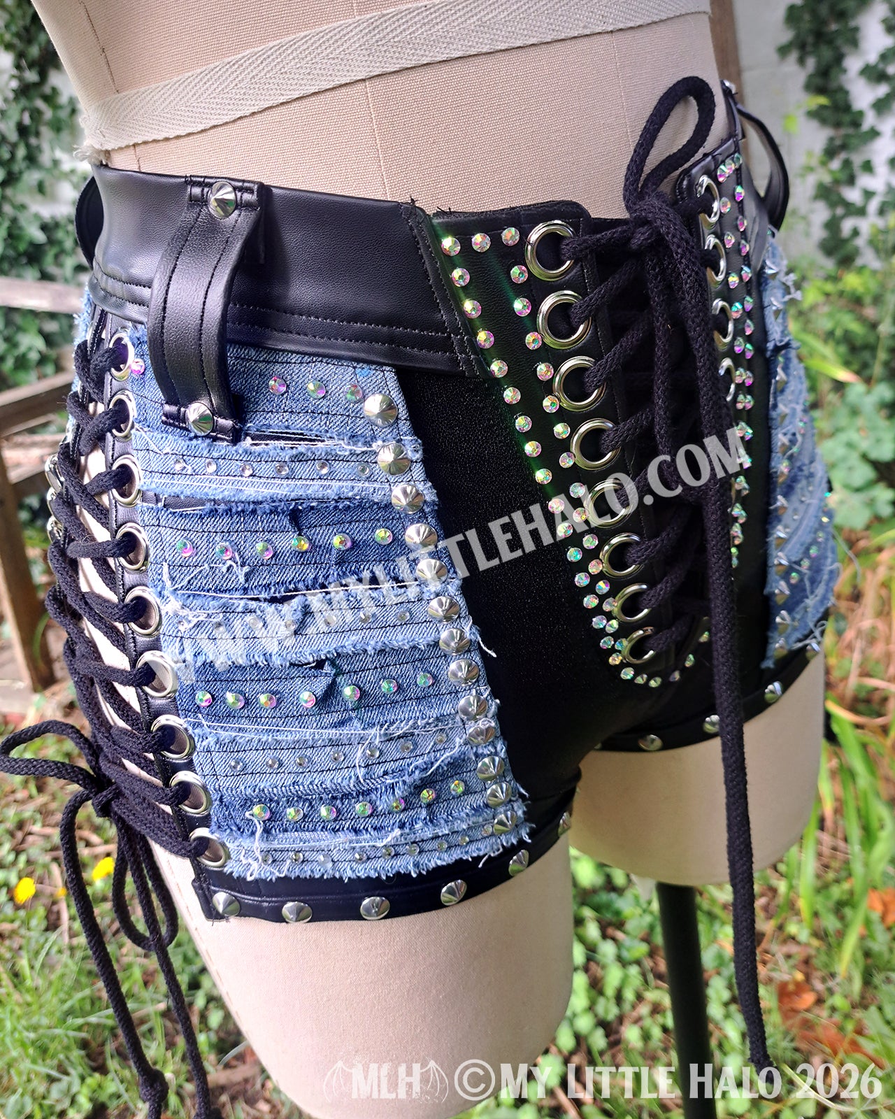 Distressed Denim & Leather Rhinestone Wrestling Set