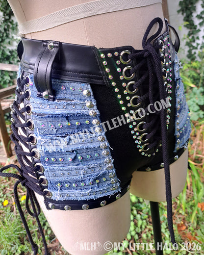 Distressed Denim & Leather Rhinestone Wrestling Set