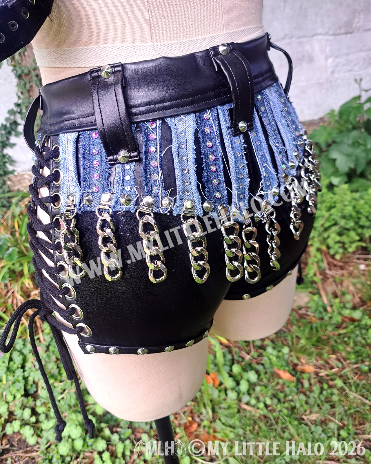 Distressed Denim & Leather Rhinestone Wrestling Set