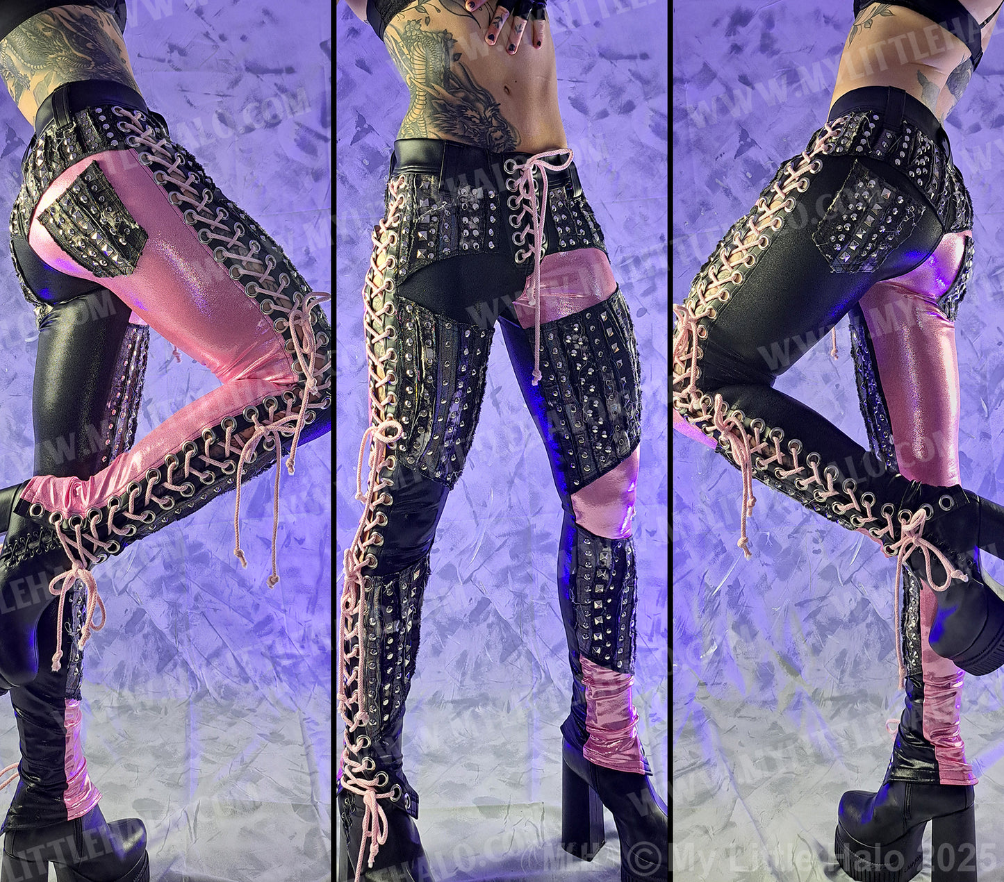 #5 Baby Pink, Black & Bleached Denim Side Lace up Pants