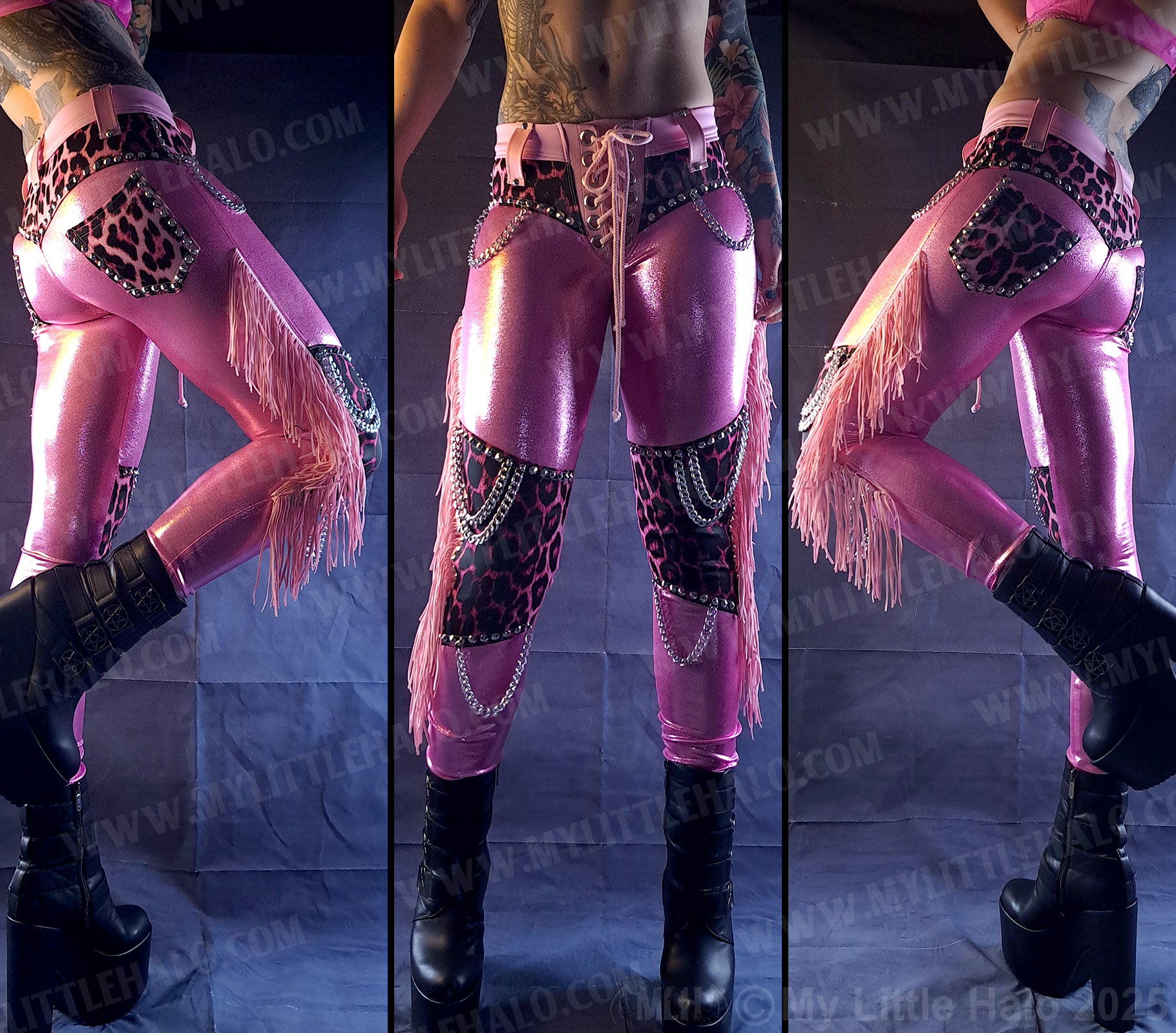 Pink Candy & Leopard Fringed Chain Skinnies