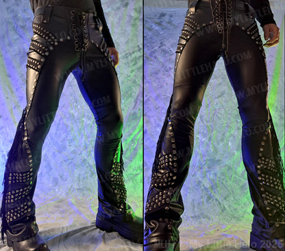 Men’s Matte Black/Faux Leather Rivet & Fringe Pants