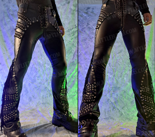 Men’s Matte Black/Faux Leather Rivet & Fringe Pants
