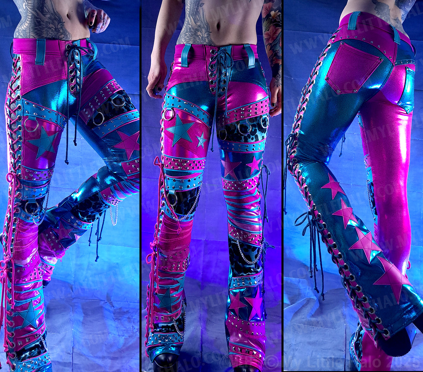 #2 Pink & Turquoise Lace Up Collage Flares