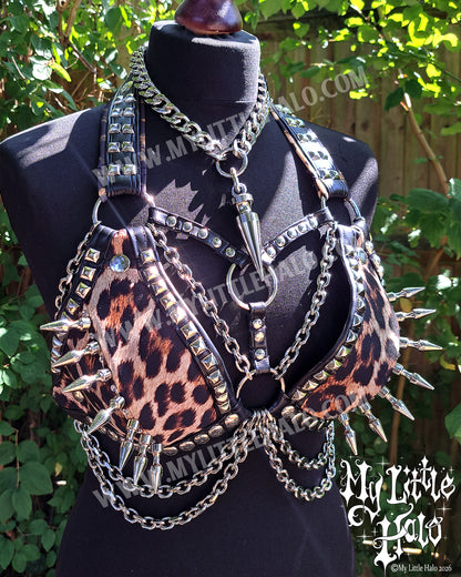 Leopard Print Spikes & Chains Bikini Top