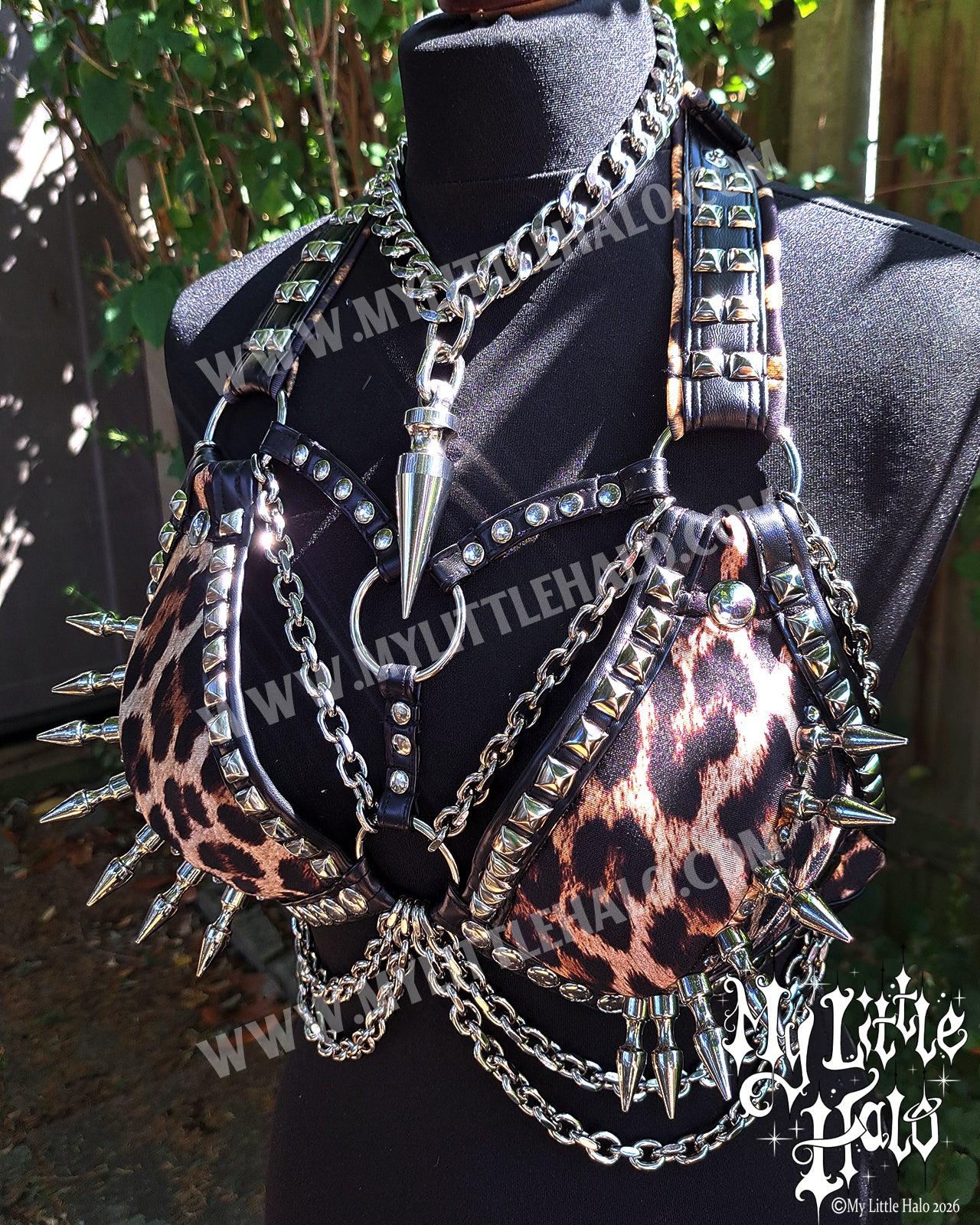 Leopard Print Spikes & Chains Bikini Top