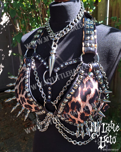 Leopard Print Spikes & Chains Bikini Top