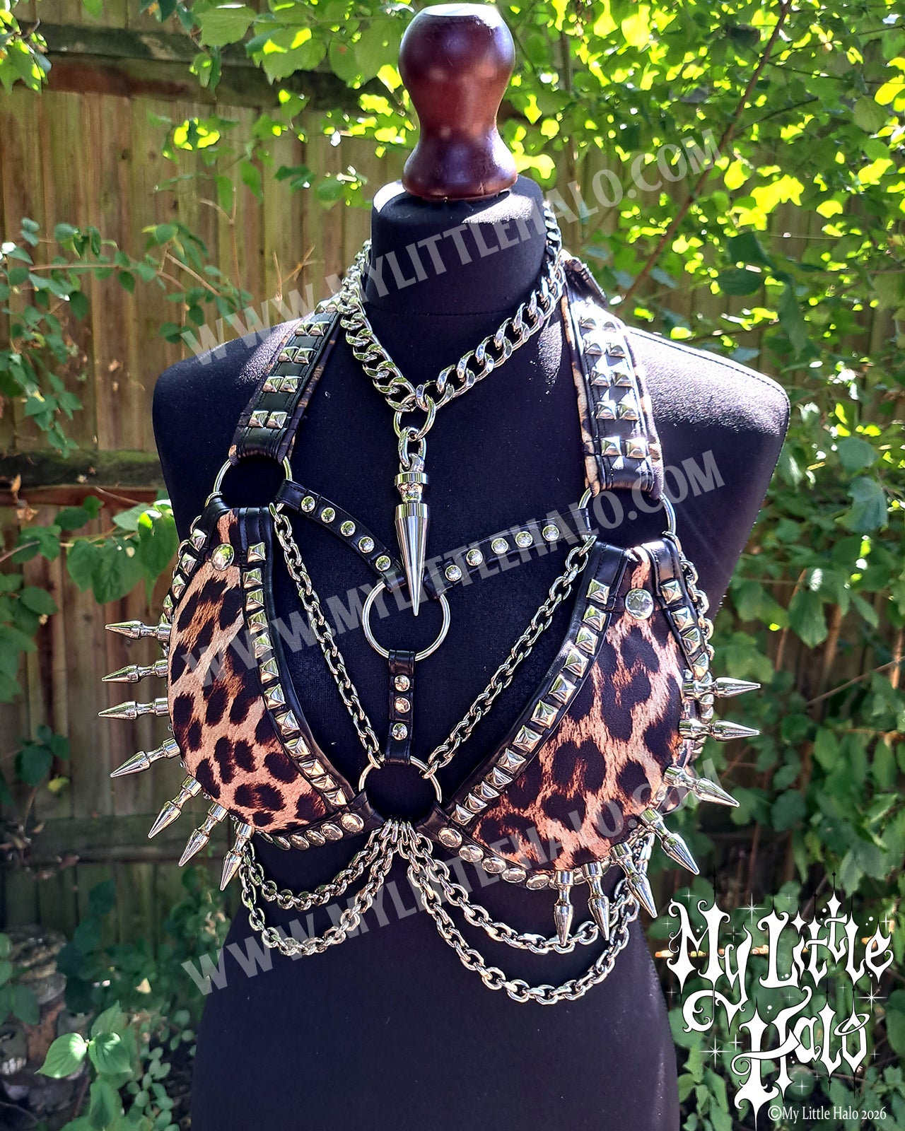 Leopard Print Spikes & Chains Bikini Top