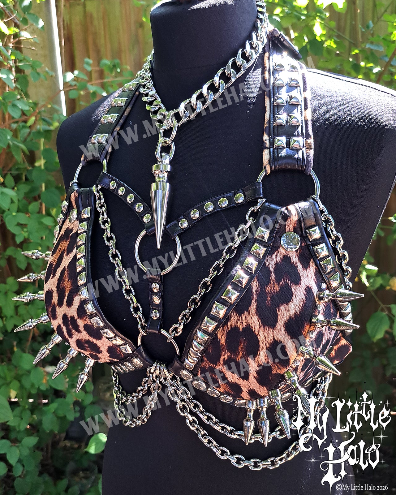 Leopard Print Spikes & Chains Bikini Top