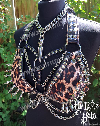 Leopard Print Spikes & Chains Bikini Top