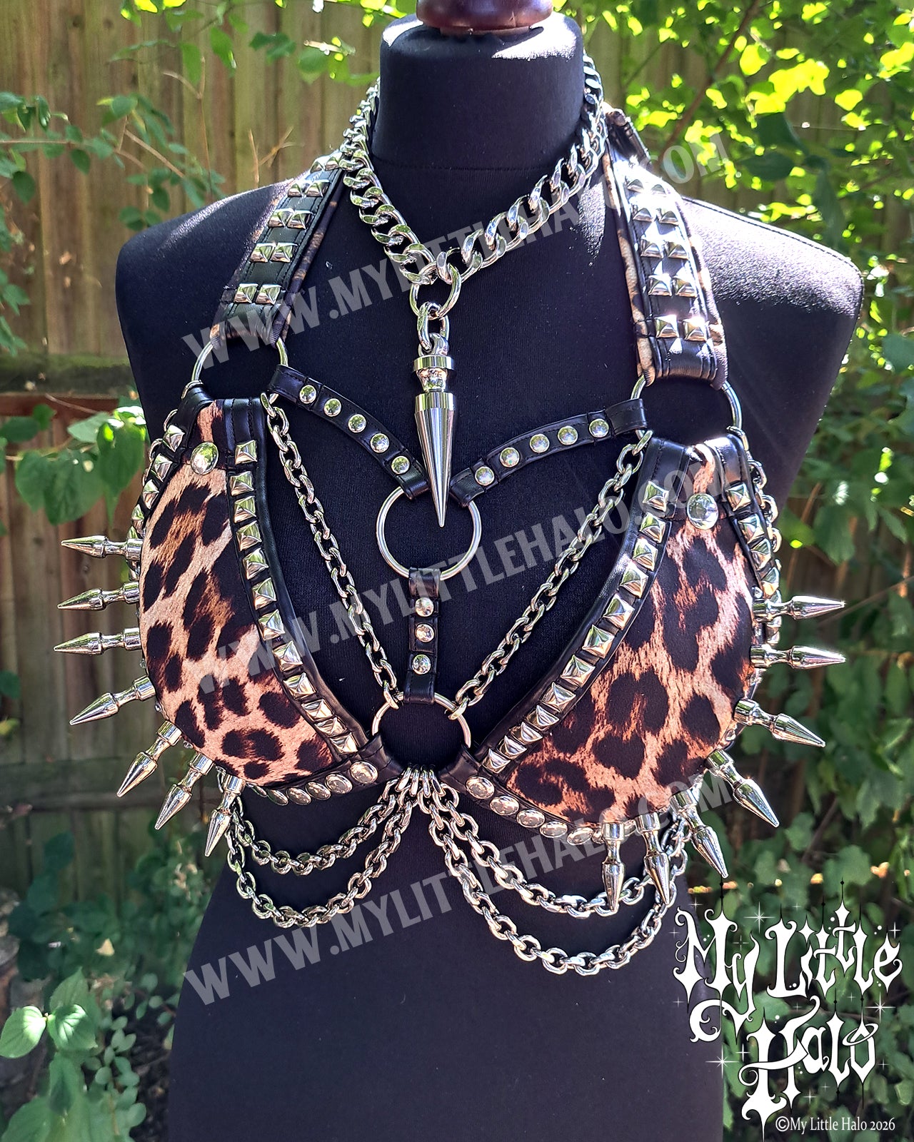 Leopard Print Spikes & Chains Bikini Top