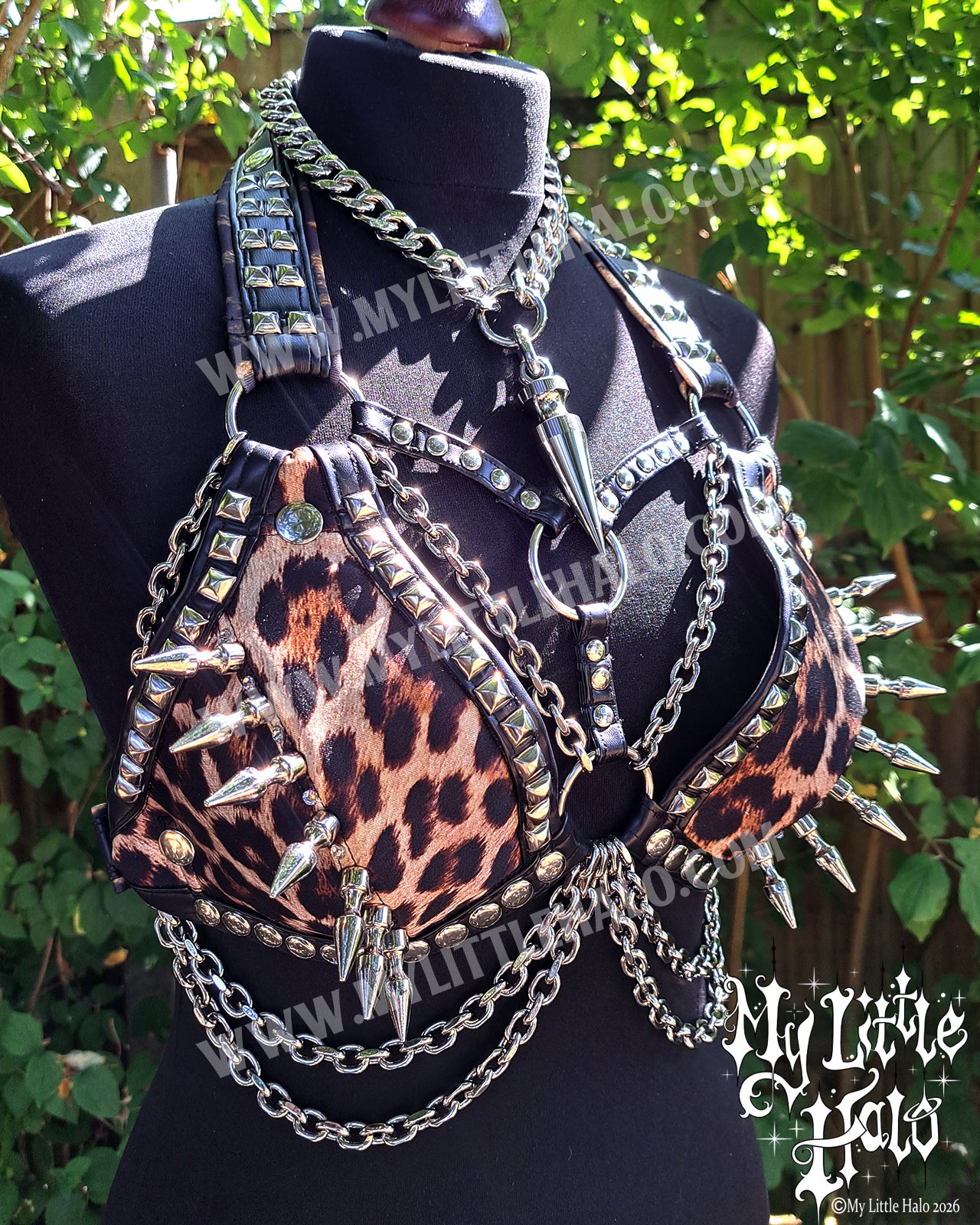 Leopard Print Spikes & Chains Bikini Top