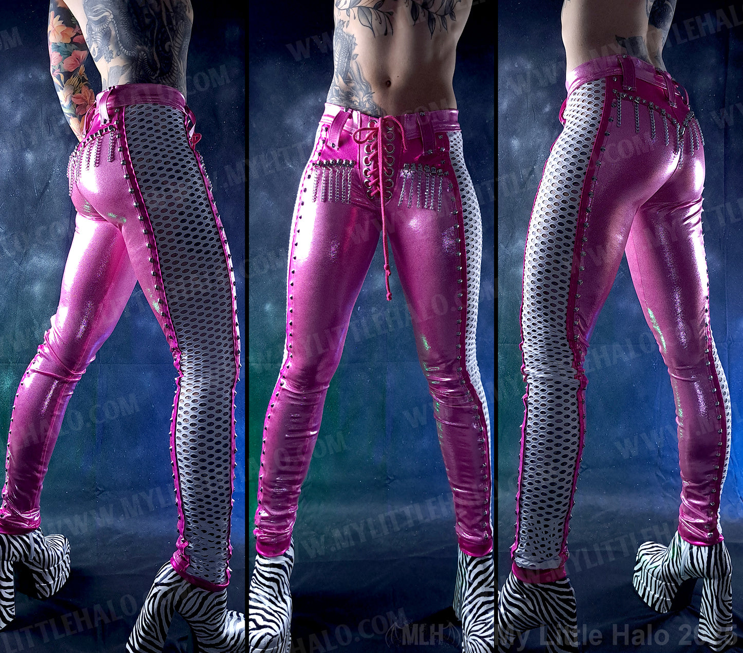 #11 Pink, White & Silver Fishnet Panel Pants