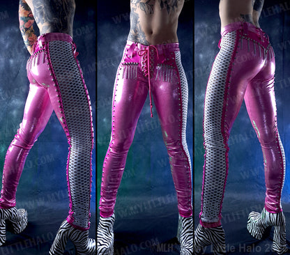 #11 Pink, White & Silver Fishnet Panel Pants