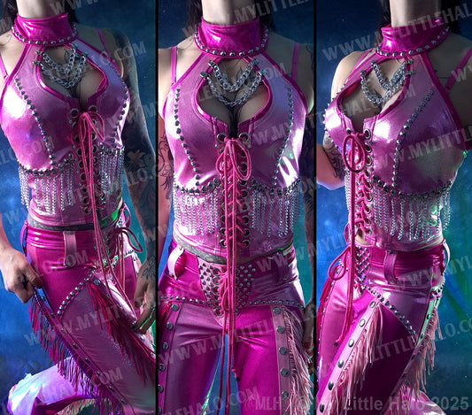 #15 Stretch Pink Lace up Chain Fringe Halter