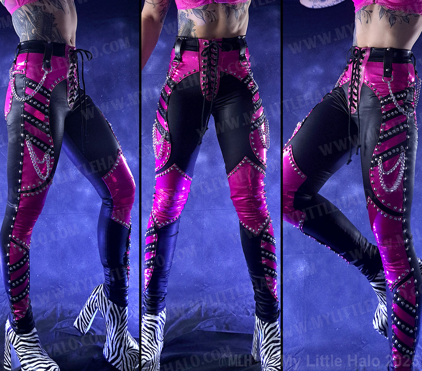 #16 Black & Pink High Waisted Rivet & Chain Pants