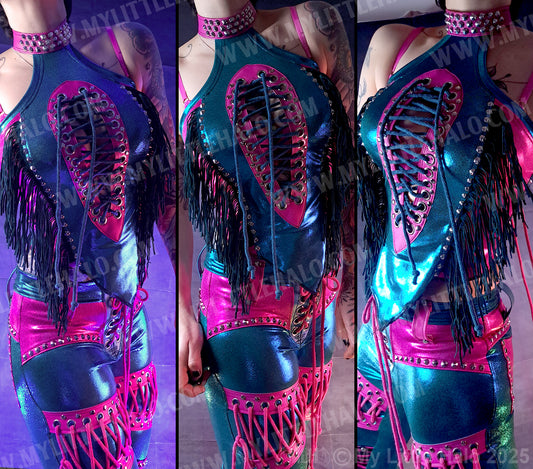 #7 Pink & Turquoise Fringed Peephole Halter Neck Top