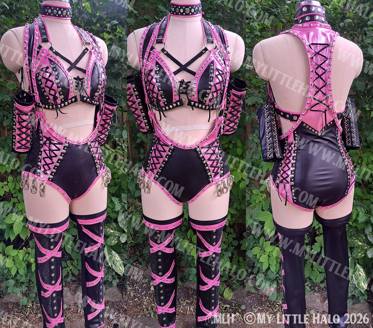 Baby Pink & Black Lace up 5 Piece Wrestling Set