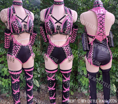 Baby Pink & Black Lace up 5 Piece Wrestling Set