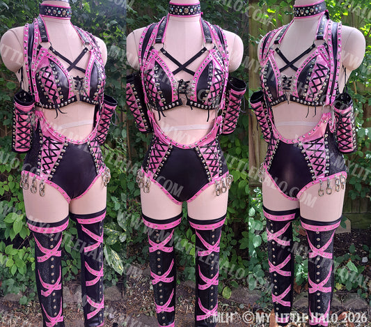 Baby Pink & Black Lace up 5 Piece Wrestling Set