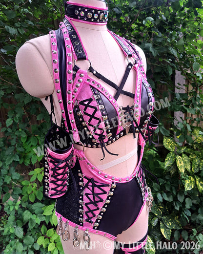 Baby Pink & Black Lace up 5 Piece Wrestling Set