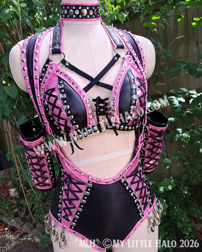 Baby Pink & Black Lace up 5 Piece Wrestling Set