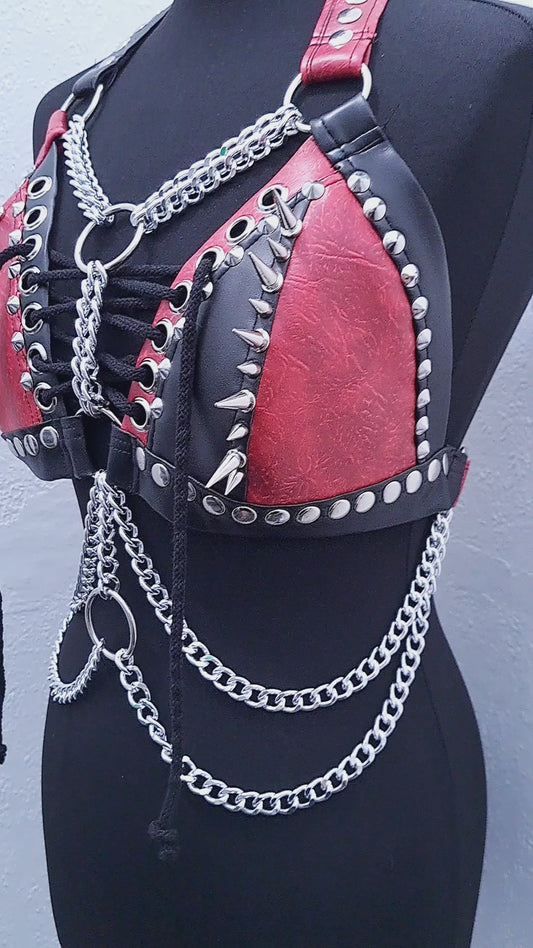 #19 Red & Black Spiked Harness Bikini Halter