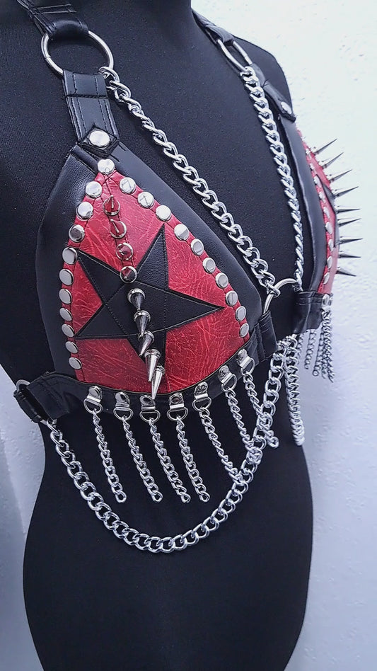 #8 Red & Black Spikes, Stars & Chains Bikini Top