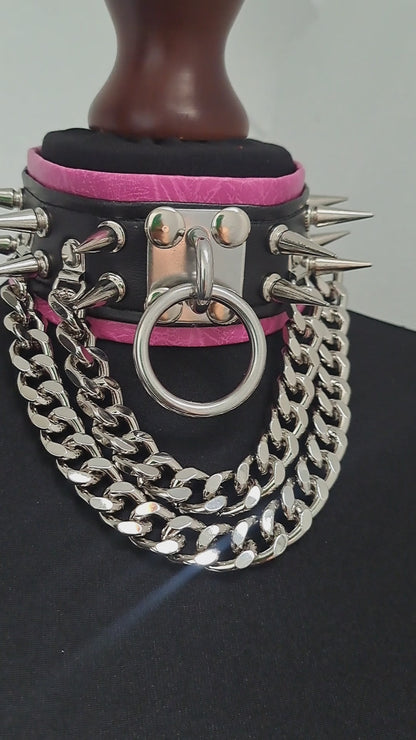 Pink & Black Spike, Ring & Chains Choker